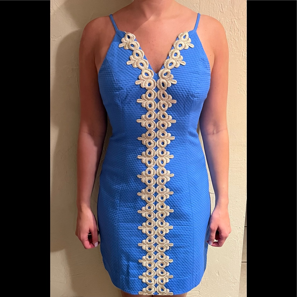Lilly Pulitzer Pearl Shift Dress. Blue With Gold Embroidered. Size 0